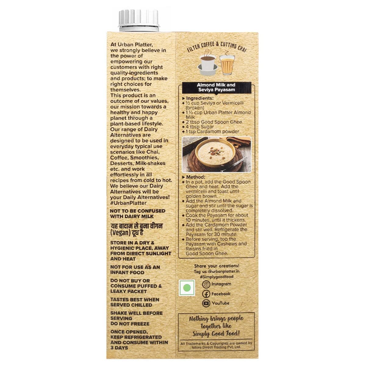 Urban Platter Almond Milk, Unsweetened, Dairy-free, Plant-Based, 1 L view 2