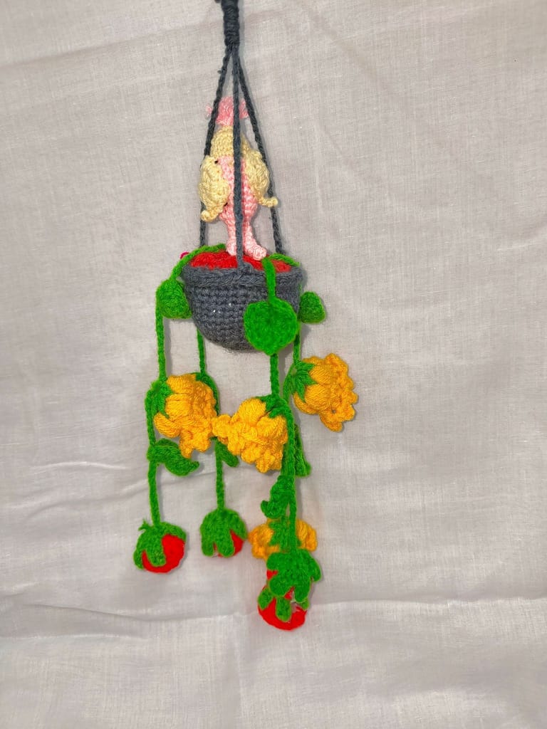 Wool Handmade Crochet Bird in a Basket with Hanging Flowers and Tomatoes view 2