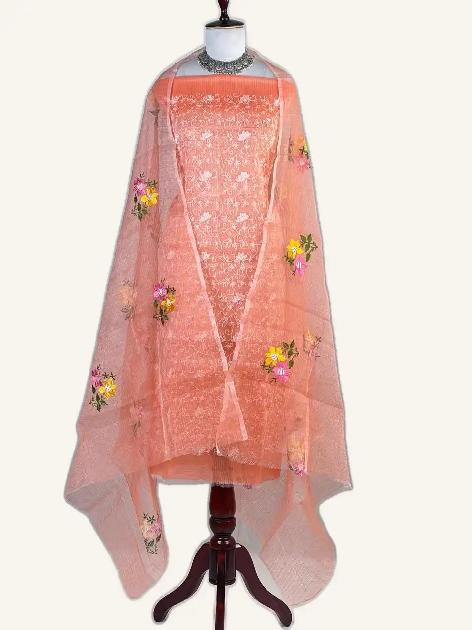 Kota Doria Dress Material Rust Orange Floral Jaal view 2