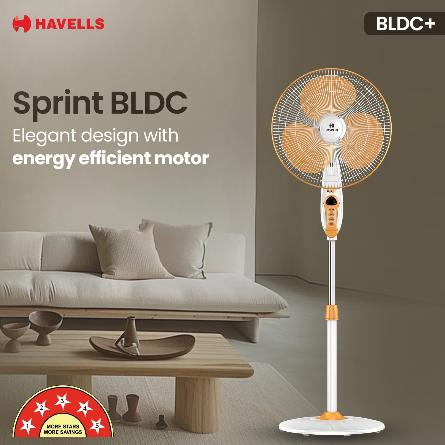 Havells 400mm BLDC Pedestal Fan with Remote Control, White & Yellow view 2