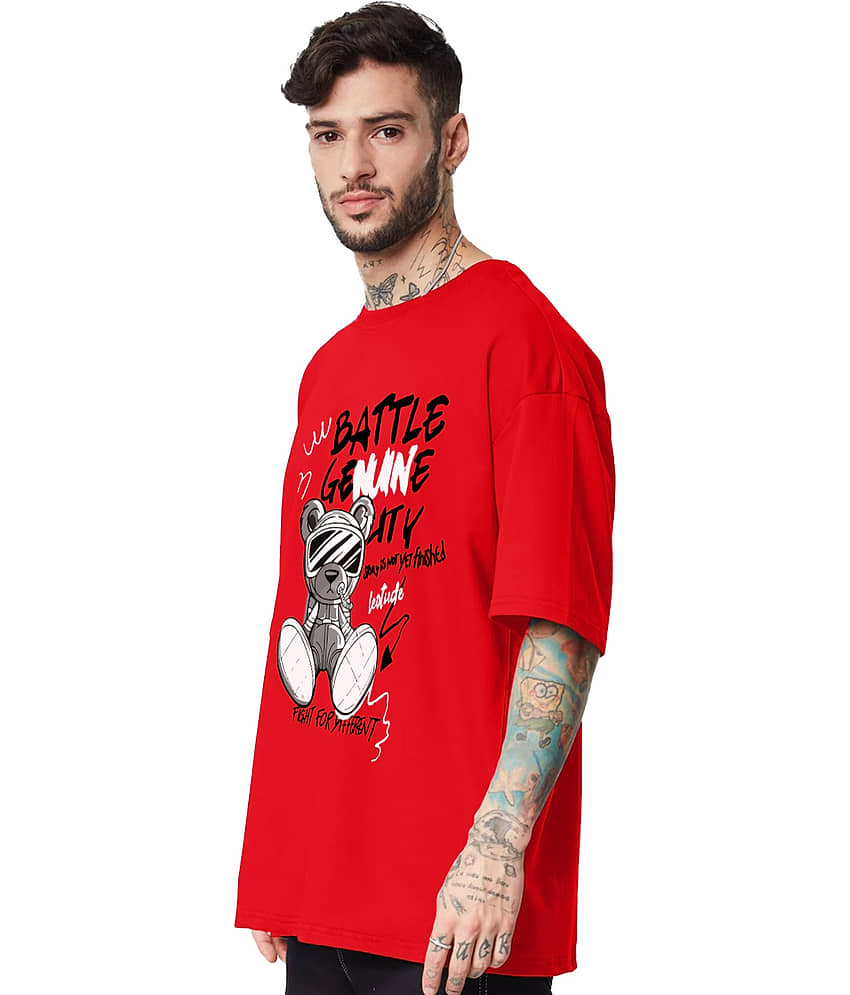 Leotude Cotton Blend Oversized Fit Printed Half Sleeves Men's Round T-Shirt - Red ( Pack of 1 ) view 2