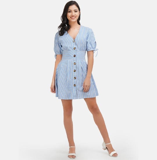 White & Blue Striped Cotton A-Line Dress view 2