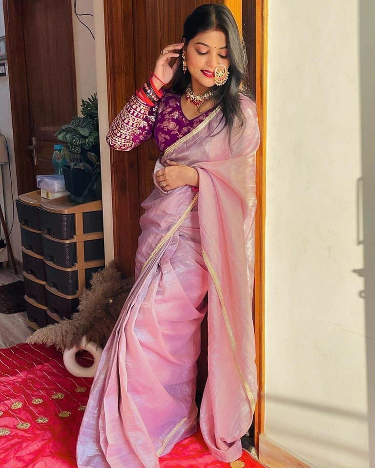 Attractive Purple Crush Tissue Silk Saree with Jacquard Weaving Stitched Blouse view 2