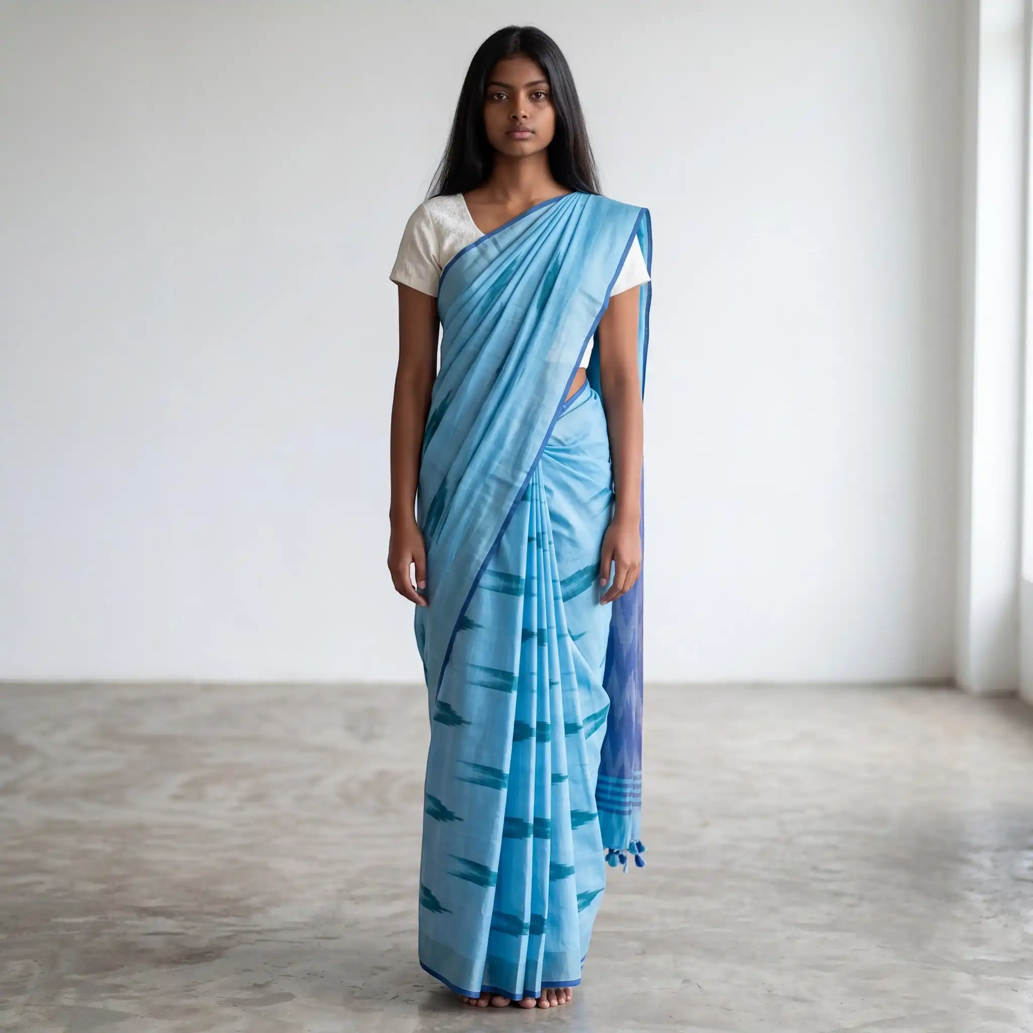 Sky Blue Sambalpuri Baandha Ikat Handloom Cotton Saree with Blouse