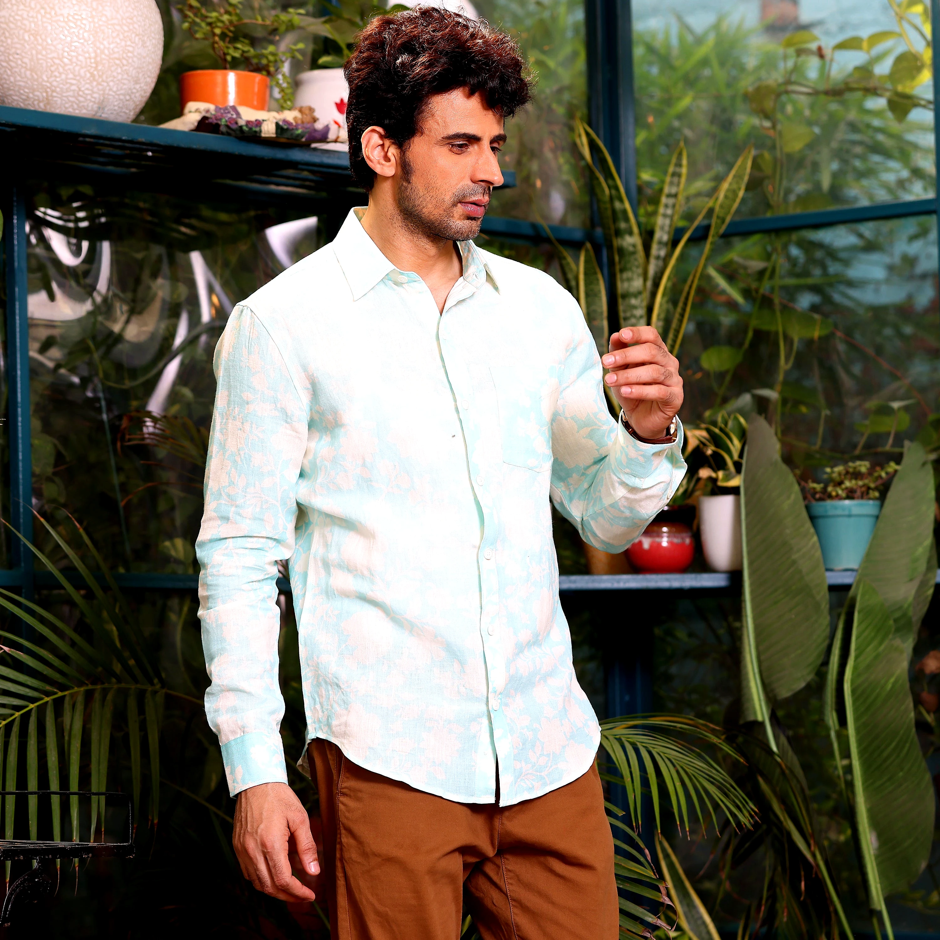 French Marigold Artic Blue Casual Pure Linen Full Shirt (Size - S) by BLUE EAGLE view 2