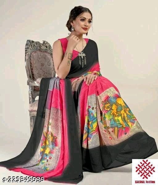 KHUSHBOO DESIGNERS Women's Solid Georgette 5.5 Meter Saree with Unstitched Blouse Piece (Black & Pink) view 2