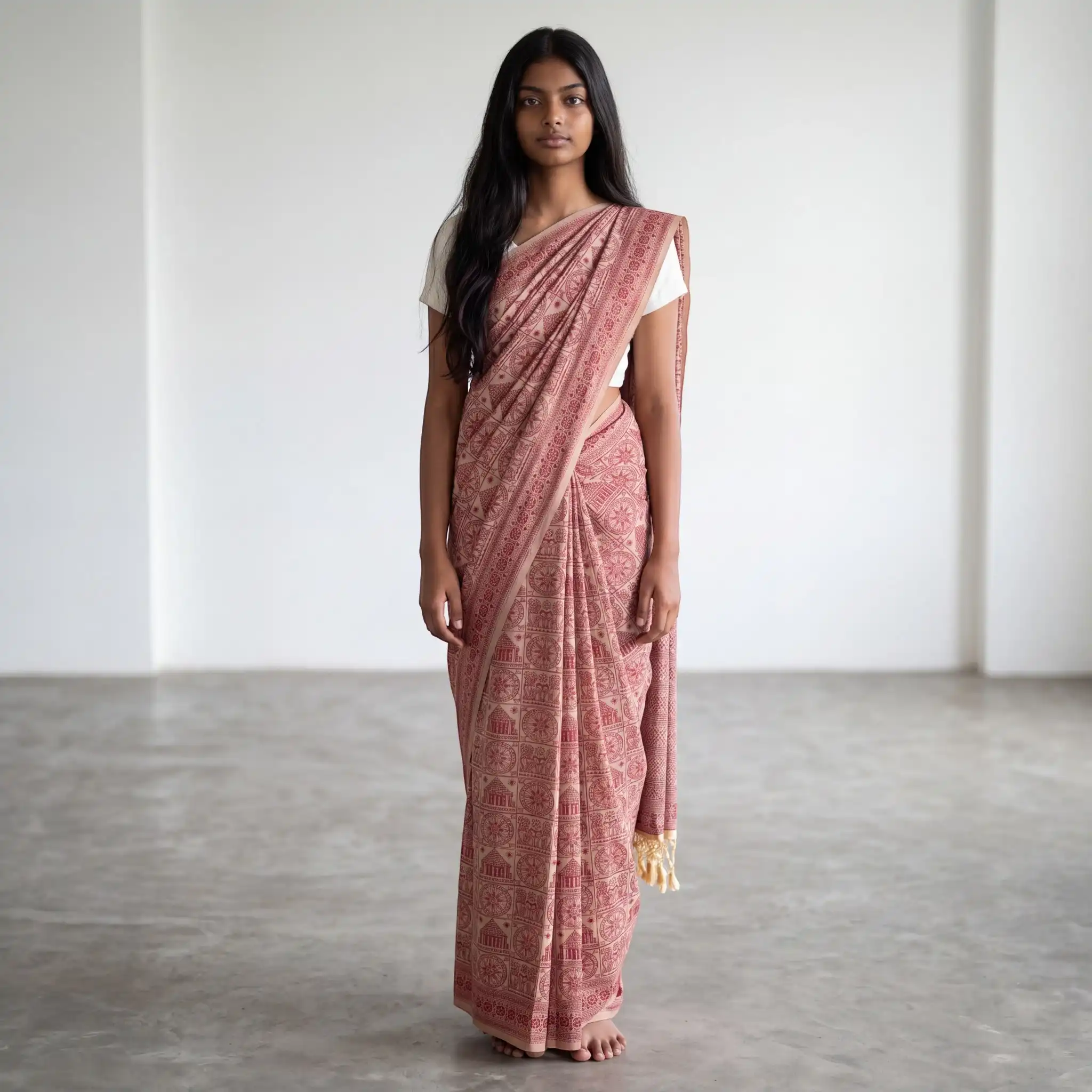 Pattachitra Cotton Saree Cream Maroon Wheel Medallion