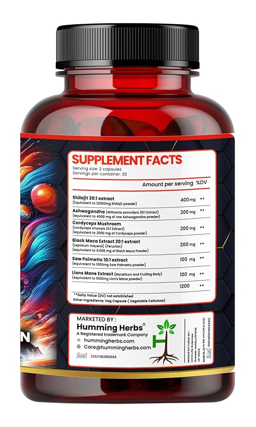 Humming Herbs Shilajit Elite Capsules - 1200mg Natural Energy & Vitality Boost with 6-in-1 Potent Herbal Formula - Pure Himalayan Extract, Ashwagandha, Cordyceps - Immune & Performance Support view 2