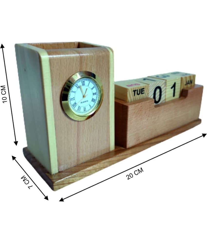 RAVARIYA GRAPHICS WOODEN PEN STAND WITH CLOCK AND CALENDER AND CARD HOLDER view 2