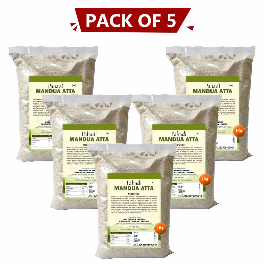 Pahadi Mandua Atta 1 kg Pack of 5 by Moteshwar Farmer Producer Company Limited view 2