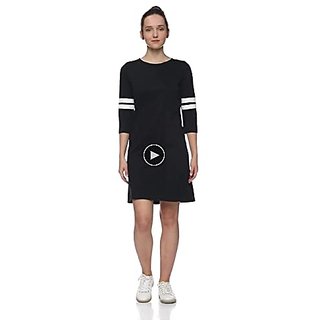 Miss Chase Womens Super Soft Solid Round Neck 3/4th Sleeves Paneled Color Block Mini Shift Dress view 2