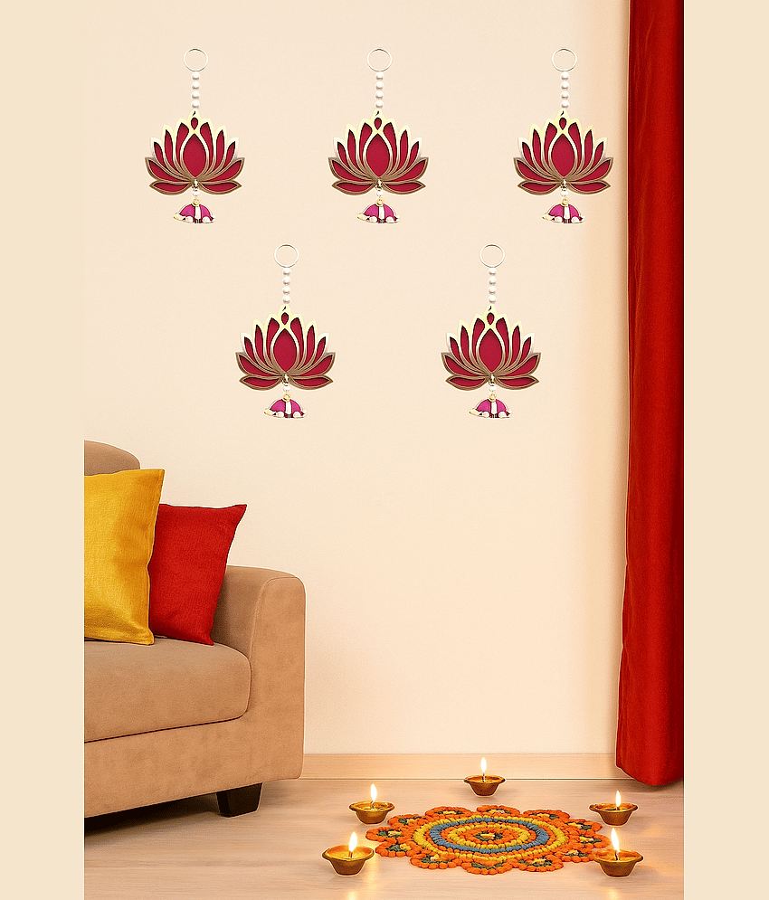 THRIFTKART - Pack of 6 Lotus Latkan/Hanging Ornaments- Multicolor Hanging Decoration for Main Door, Pooja Room, Temple, Wedding & Festival Décor, Traditional Home Decoration for Living Room & Entrance view 2