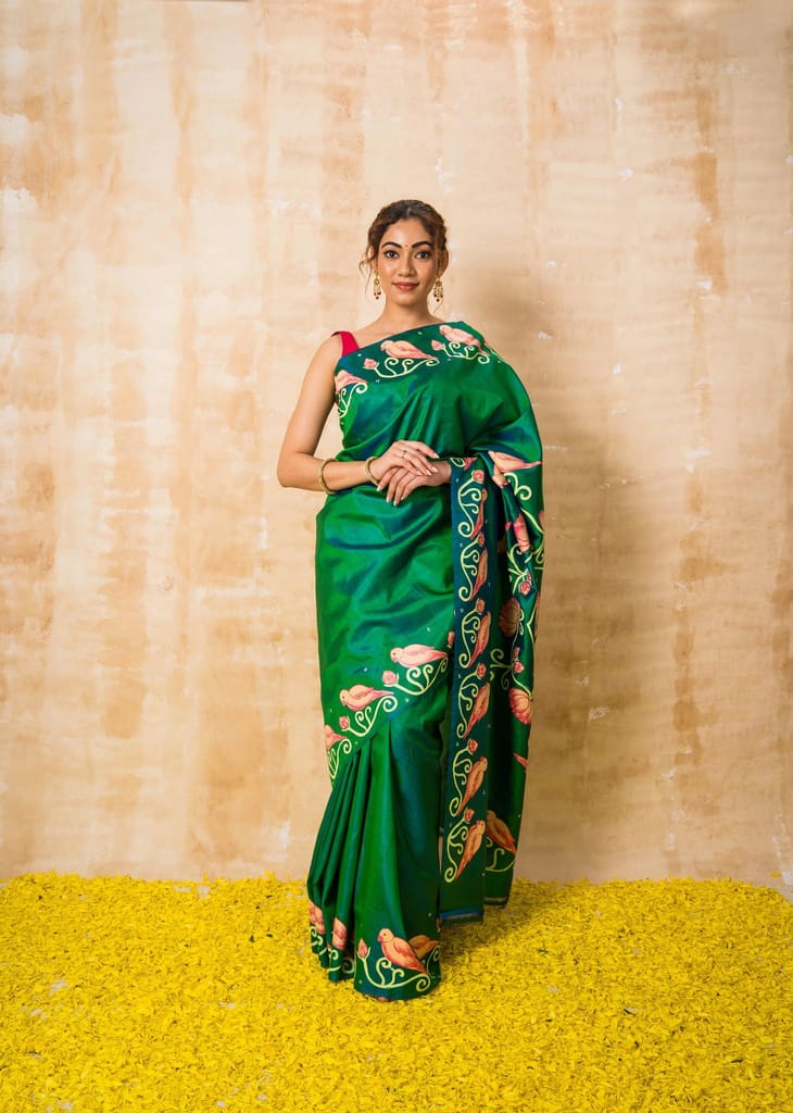 Pigment Green & Pink Parrot Pattachitra Pure Silk Saree view 2