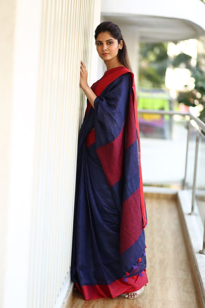 Pure Organic Linen Saree – Navy Blue And Red Bordered view 2
