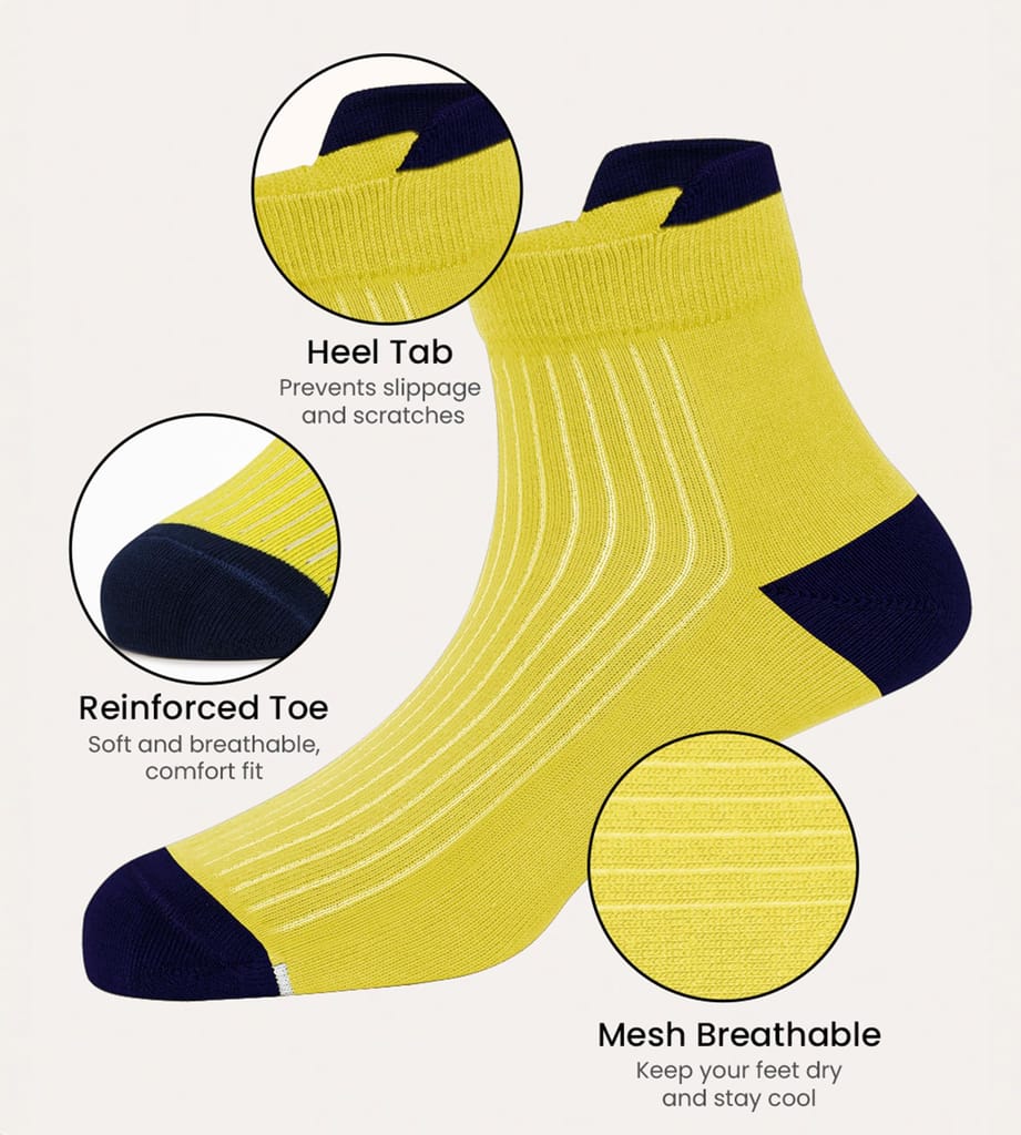 Freecultr Ankle Socks | Breathable Bamboo Fibre | Odour Resistant | Thermo Regulated | Moisture Wicking | Anti-Slip Y-Heel | Soft & Comfortable Sulphur Yellow, Falme Orange, Navy view 2