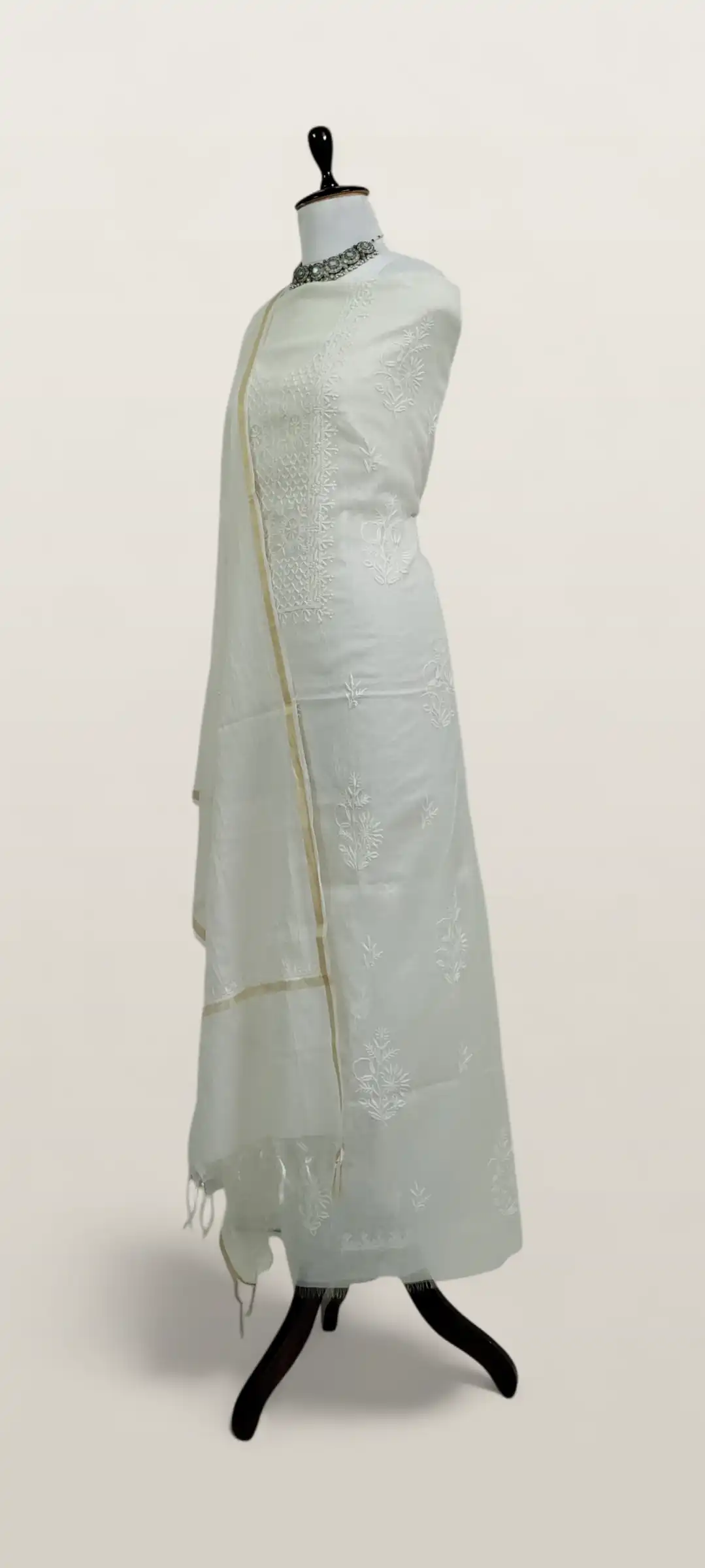 Chikankari Mul Chanderi Dress Material White Jaali Yoke view 2