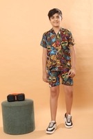 Ninos Dreams Boys Cotton Linen Rayon Halfsleeves Coord Set with Shirt & Shorts Vodoo Print- Brown view 2