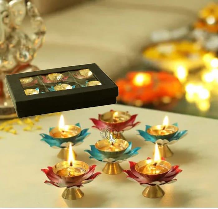 Brass Diyas for Pooja Room Lotus Shape Set of 6 with Gift Box Akhand Jyot Diya Deepak Set for Diwali Festival Gift Item view 2