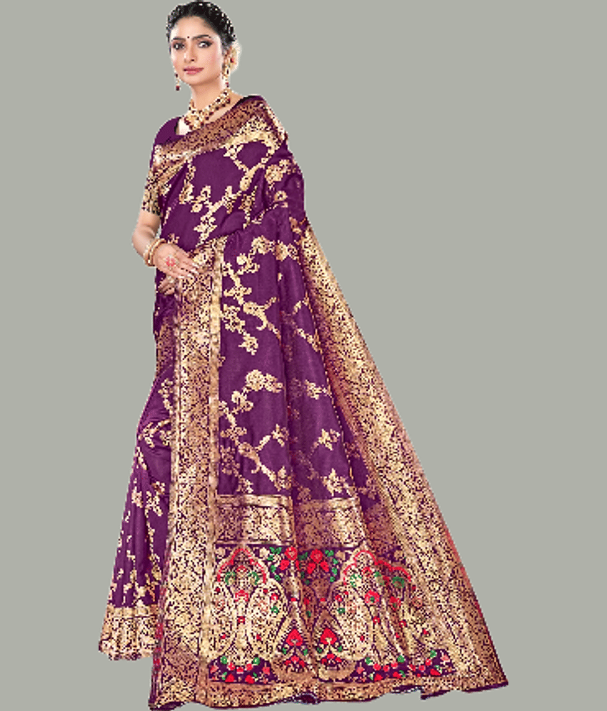 GARIYA Banarasi Silk Embellished Saree With Unstitched Blouse Piece ( Navy Blue ) view 2