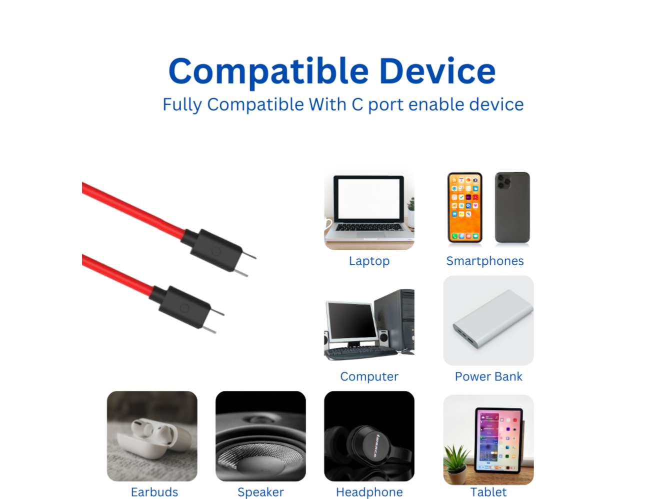 Twance TC20R PVC - Type C to Type C fast Charging & data transfer Cable, 1 Meter, Red color -500 Pieces view 2