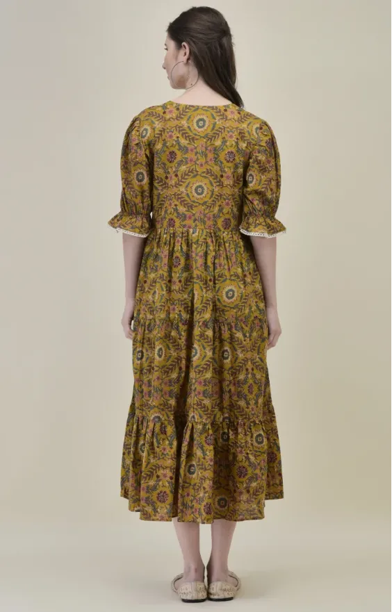 Gulzar Mustard Floral Cambric Cotton Midi Dress view 2