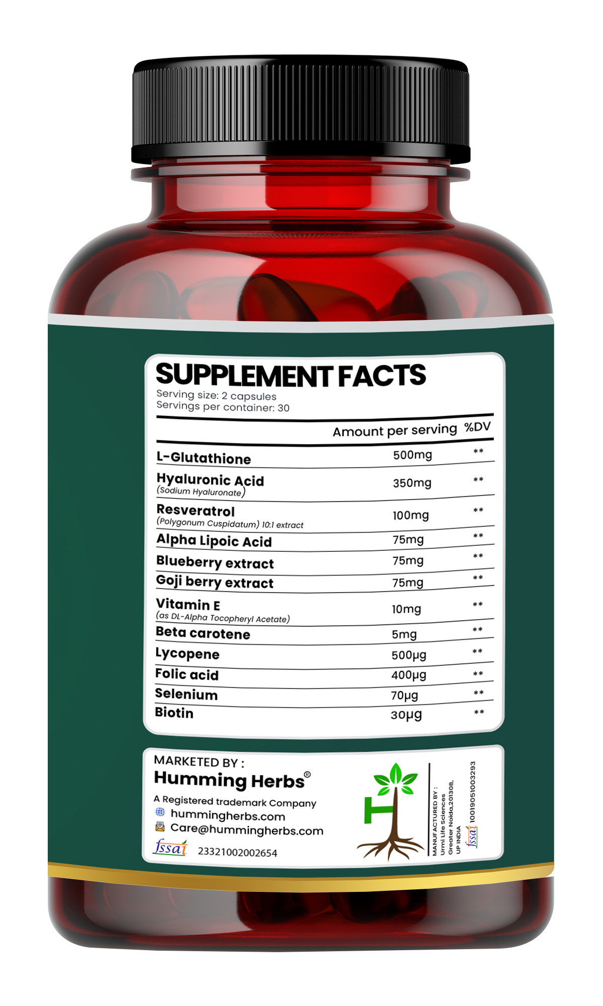 Humming Herbs Glutathione Skin Radiance Capsules - 1190mg Antioxidant Formula with Hyaluronic Acid, Alpha Lipoic Acid, Biotin & Vitamins for Brightening & Anti-Aging view 2