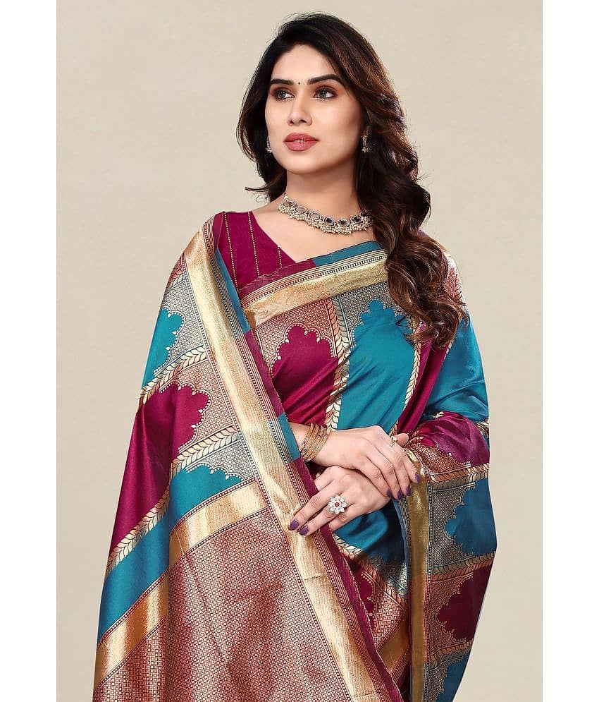 Om Shantam Sarees Banarasi Silk Embellished Saree With Unstitched Blouse Piece ( Turquoise ) view 2