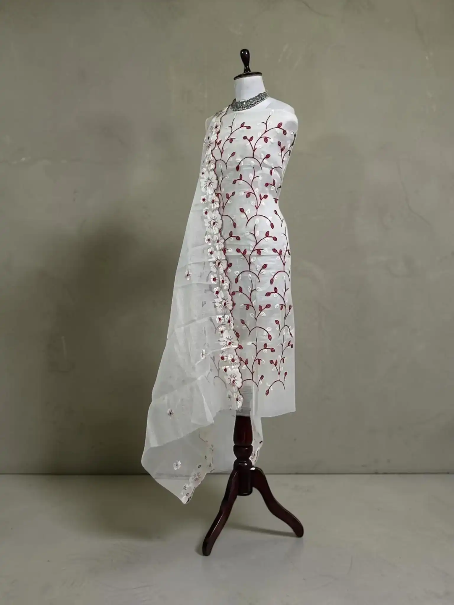 Handwoven Kota Doria Cotton-Silk Dress Material with Hand Embroidery view 2