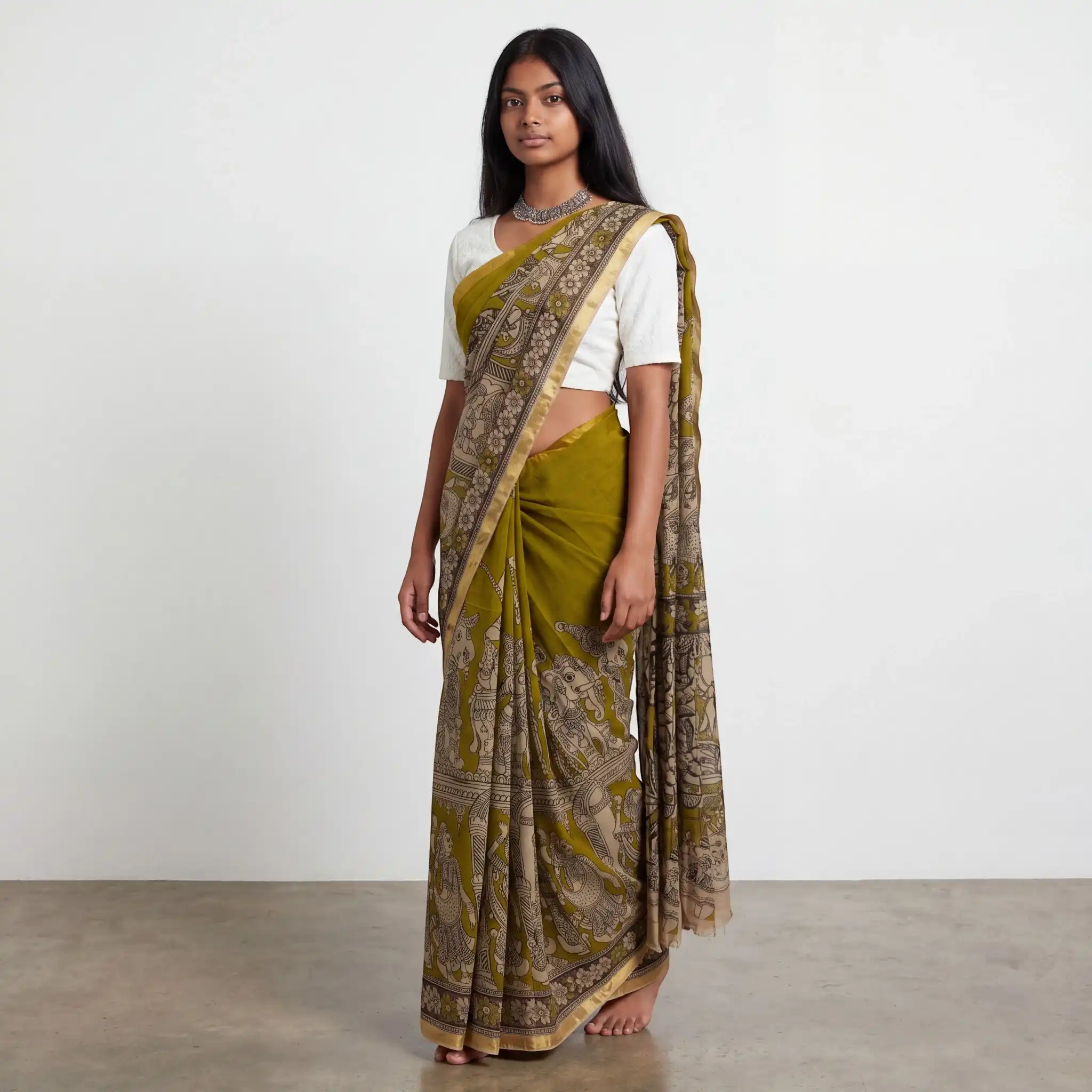 Pedana Kalamkari Print Cotton Saree Mehendi Green view 2