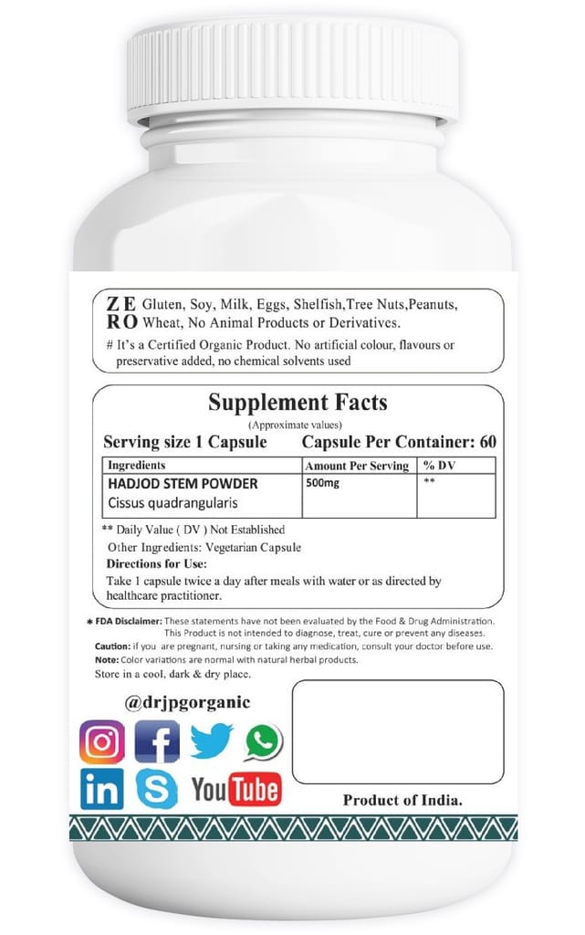 Dr JPG Organic Herbals Hadjod Capsules For Bone Strength 500mg, 60 Veg. Capsules/INDIA ORGANIC Certified (Pack Of 1) view 2