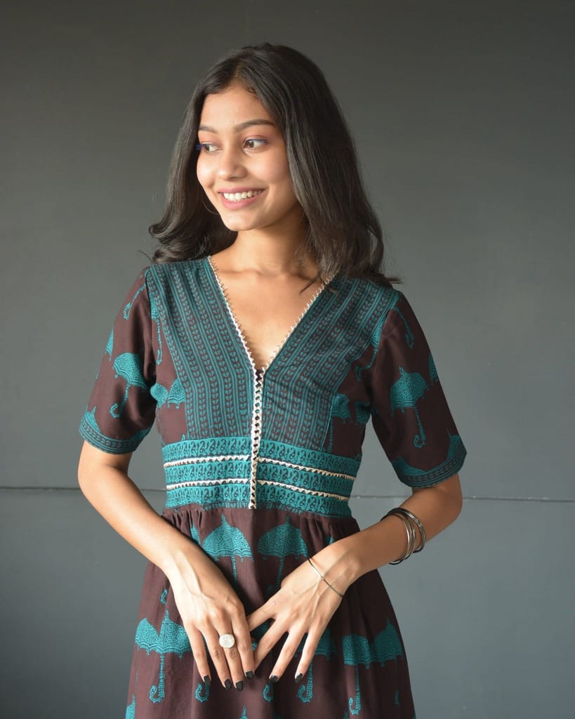 Anokhi Brown Bagh Print Frock style Cotton Kurta For Women view 2