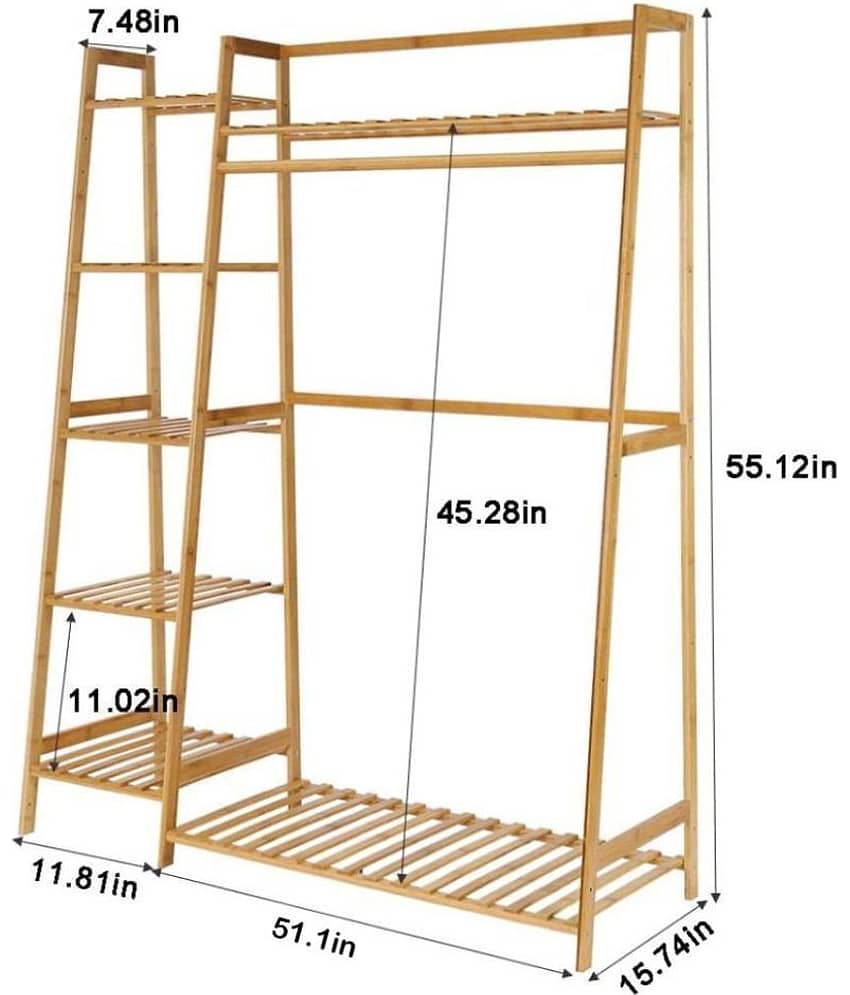 House of Quirk Bamboo Wood Garment Rack Clothing Rack with 5 Tiers Storage Shelf Corner Clothes Hanging Rack (Ladder Design)(130cm Width) view 2