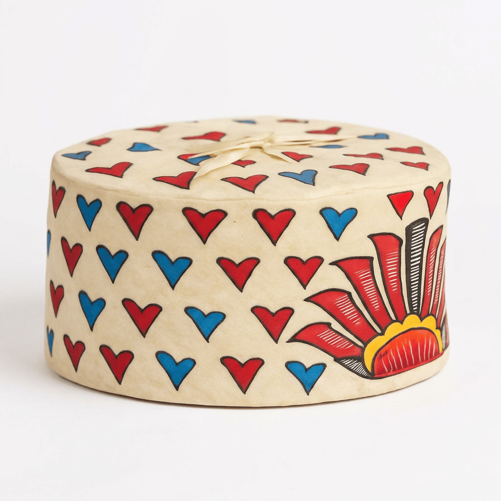 [Pack of 2] Handcrafted Decorative Hat Box – Red & Blue Heart Pattern with Sunburst Design