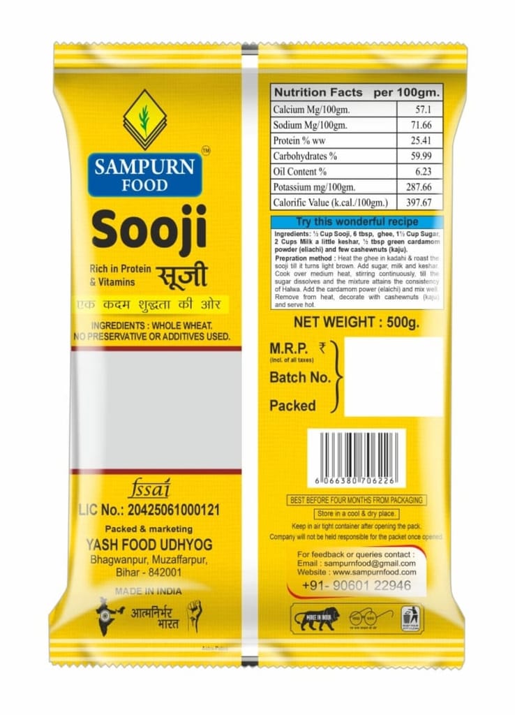 Sampurn Food Sooji 500g Pouch - Semolina for Upma, Halwa & Snacks view 2