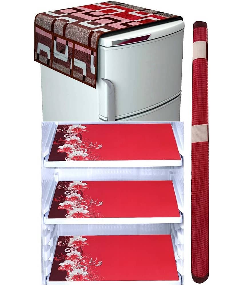 Laphino Polyester Floral Fridge Mat & Cover ( 97 55 ) Pack of 5 - Brown
