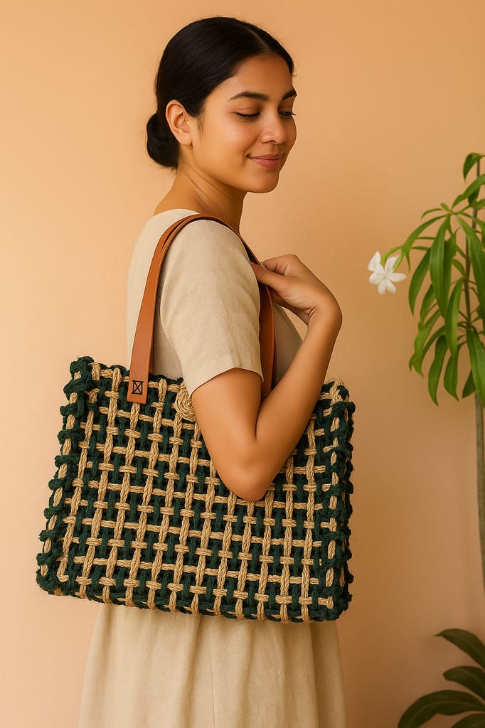 Handcrafted Black Sabai Grass travel Mesh Bag view 2