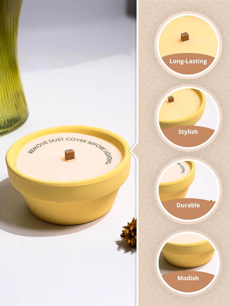 Pale Yellow Ceramic Pot Candle with Wooden Wick view 2