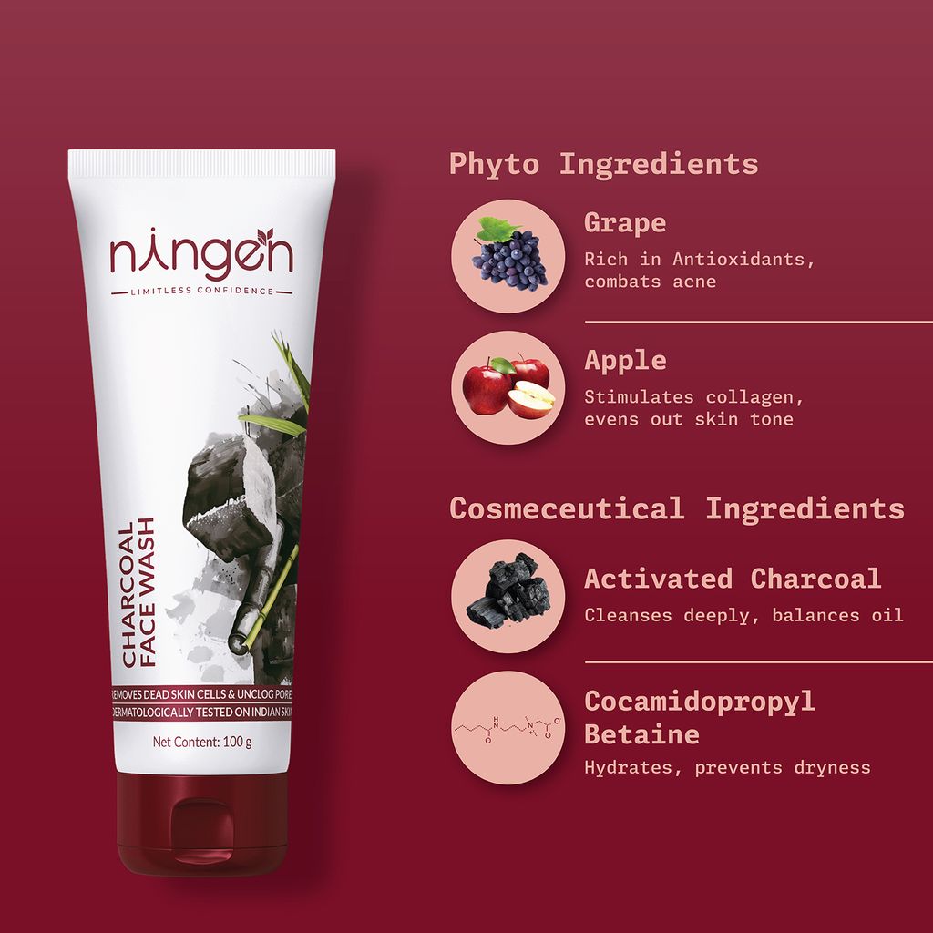 Ningen Charcoal Face Wash I Goodness of Grapes and apple I Dermatologically Tested, Paraben Free I Wards Off Skin Impurities, Anti Pollution I 120g, White view 2