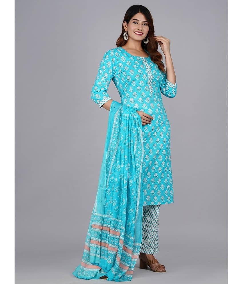 Mishree Collection - Turquoise Straight Cotton Women's Stitched Salwar Suit ( Pack of 1 )