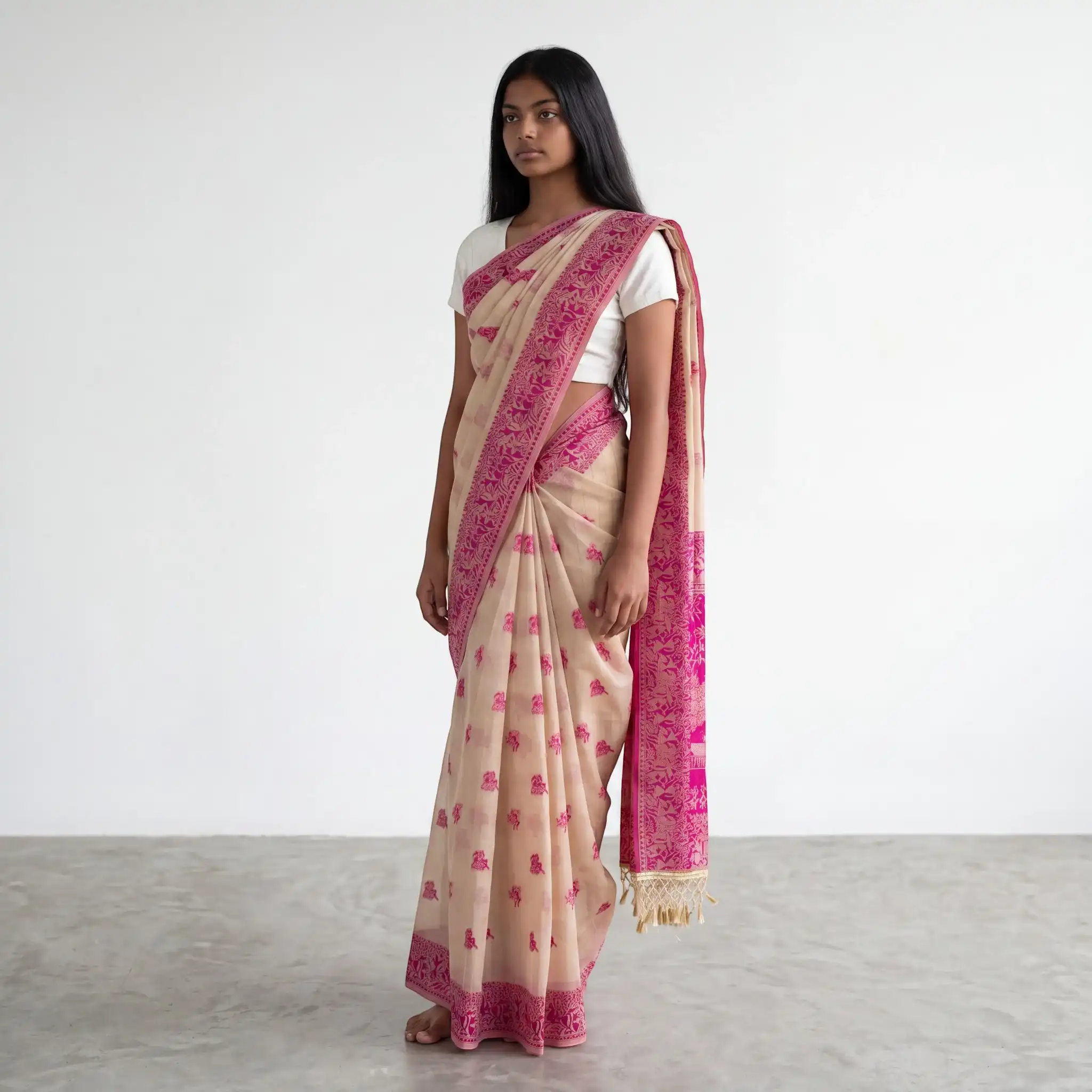 Bomkai Sonepuri Cream Cotton Saree Magenta Pink Buti Border view 2