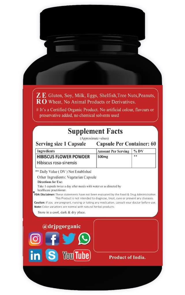 Dr JPG Organic Herbals Hibiscus Capsules 60 Veg. Capsules | INDIA ORGANIC Certified | 100% Pure Hibiscus Flower Powder | Vegetarian Capsules view 2