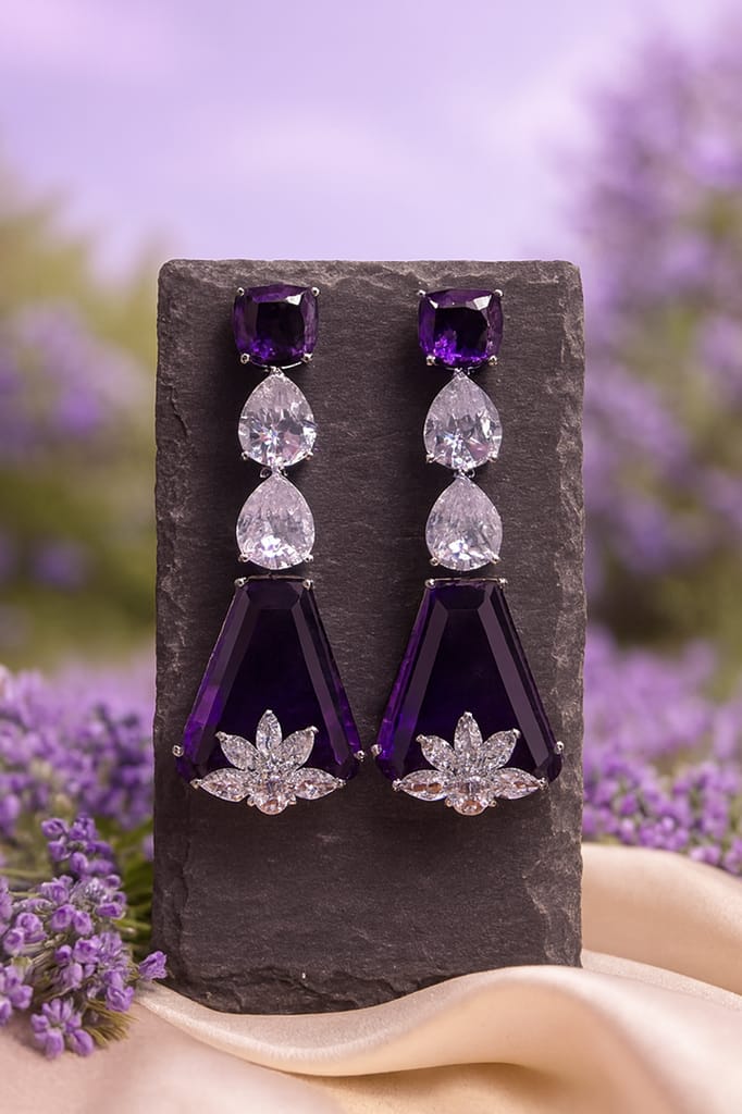 ✨Sliver Plated Violet and White Stone Geomatric Earrings ✨