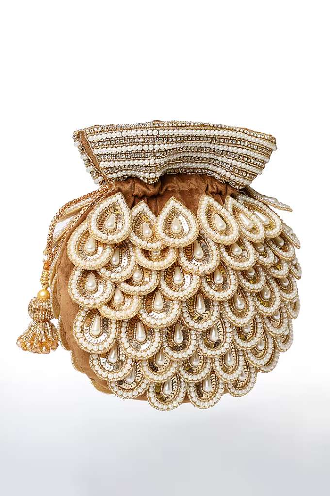 Gold Suede Pearl & Micro Bead Work Potli view 2