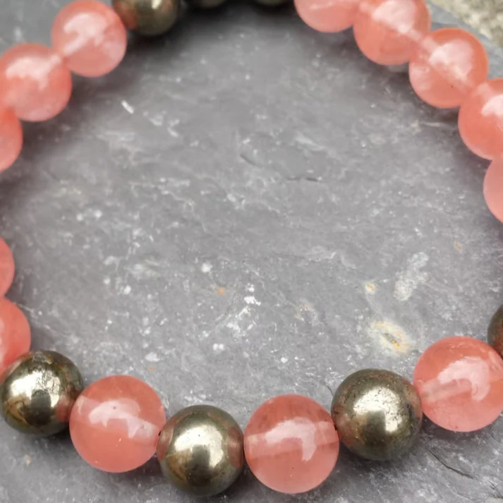 Handmade Cherry Quartz, Strawberry Quartz & Pyrite Bracelet Positivity & Protection (Size - 8.5") view 2