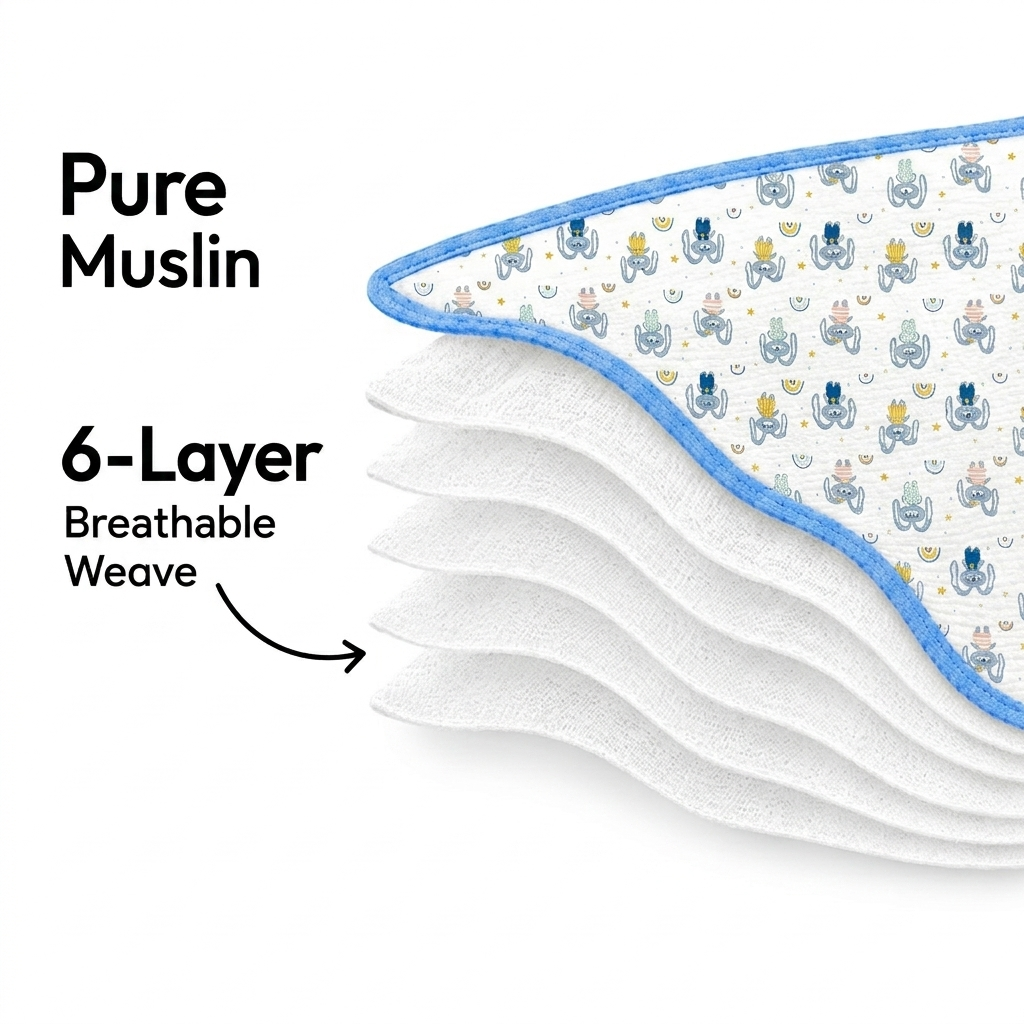 6-Layer Muslin Cotton Baby AC Blanket — Ultra-Soft, Breathable & Lightweight Blanket for Newborn to 6 Years, Stroller Cover & Crib Sheet (White and Light Blue) view 2