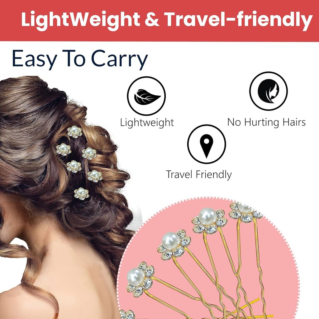Diamond Pearl U Pins Hair Accessories for Women & Girls Pack of 12 Pieces view 2