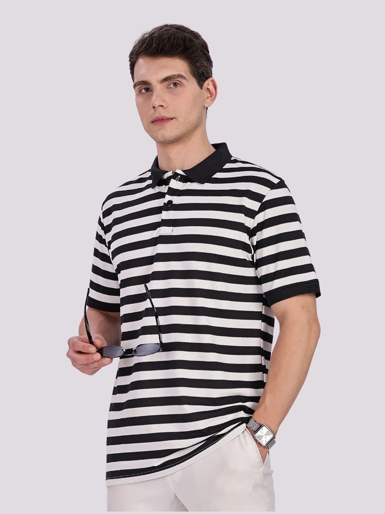 Puff Cotton Black & White Striped Polo view 2