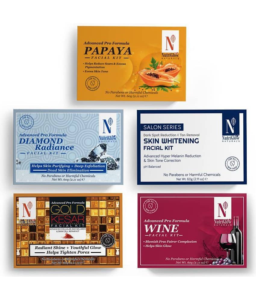 Nutriglow NATURAL'S Wine, Papaya, Gold Kesar, Skin Whitening, Diamond Radiance Facial kit Each 60gm (Pack of 5) view 2
