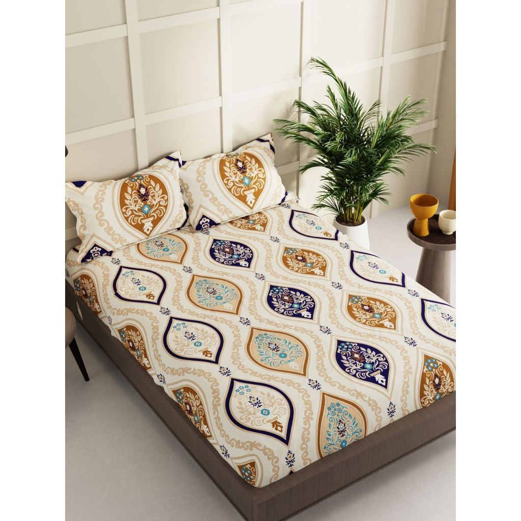 Quirky Home Fantasy Collection Premium Cotton Blend 180 TC Fitted Double Wrinklefree Bedsheet with 2 Pillow Covers, Ivory Floral view 2