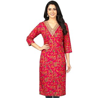 Bedkarn Discharge Print Women's Traditional Kurti, Gold Cotton Floral Print, V-Neck with Embellished Neckline, 3/4 Sleeve Indian Ethnic Dress